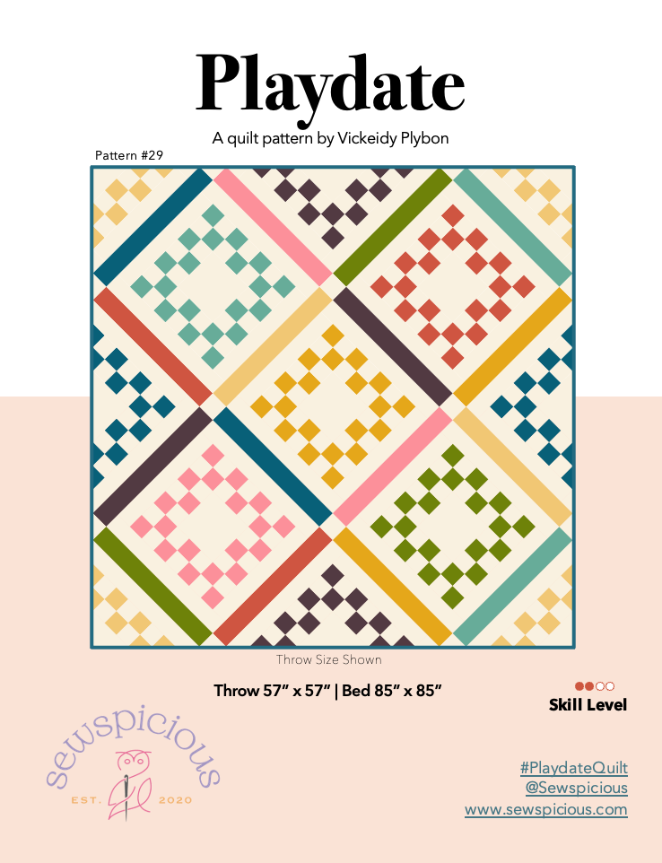 A quilt pattern cover titled 'Playdate' showing a colorful geometric quilt design with cream, pink, yellow, green, teal, and dark blue blocks. Text includes 'Pattern 229', 'A quilt pattern by Vickieidy Plybon', throw and bed sizes, and the Sewspicious brand name at the bottom.