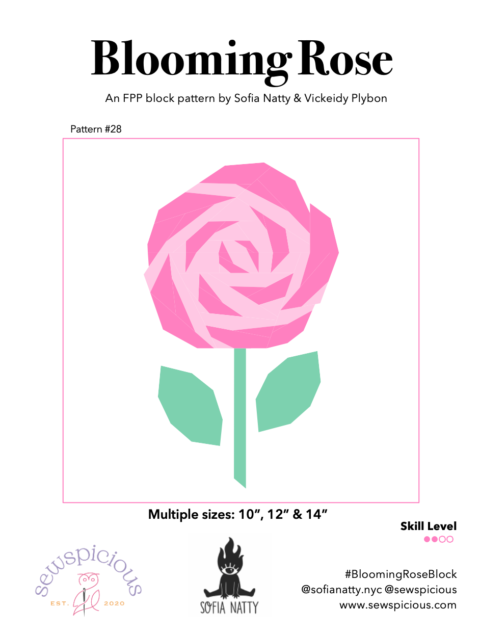 Cover of the "Blooming Rose" foundation paper piecing (FPP) quilt block pattern by Sofia Natty and Vickeidy Plybon. The cover features a modern stylized pink rose with layered petals, a mint green stem, and two green leaves centered on a white background within a thin pink border. Text indicates the pattern includes three block sizes: 10", 12", and 14".